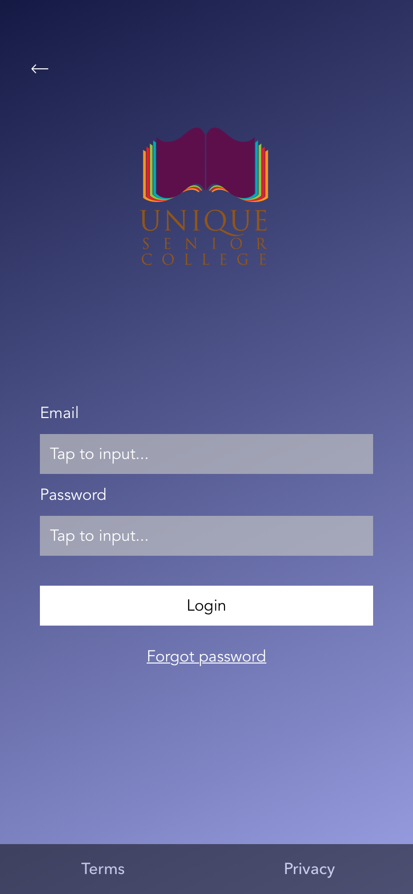 School App login screen with Forgot password below the Login button