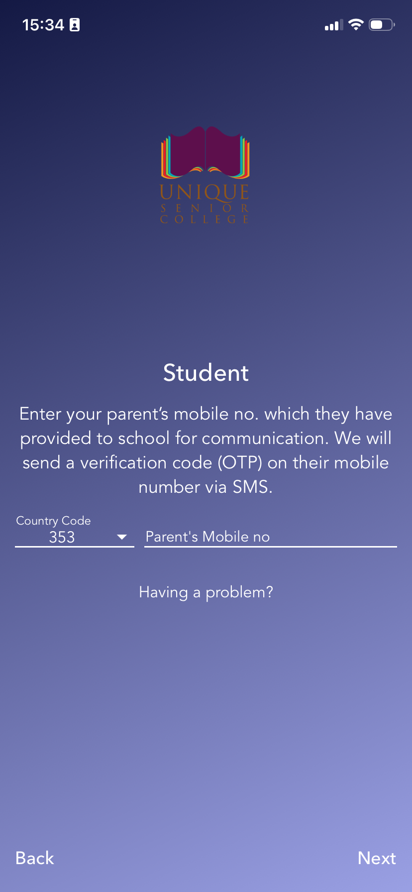 Student registration screen asking for the parent's mobile number and country code.