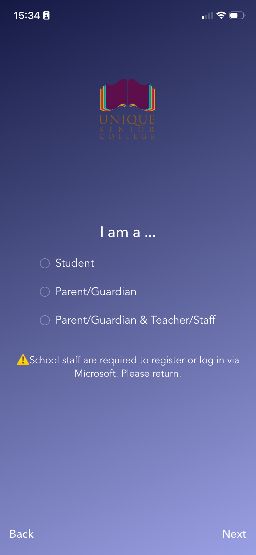 Registration screen: choose Student, then Next.