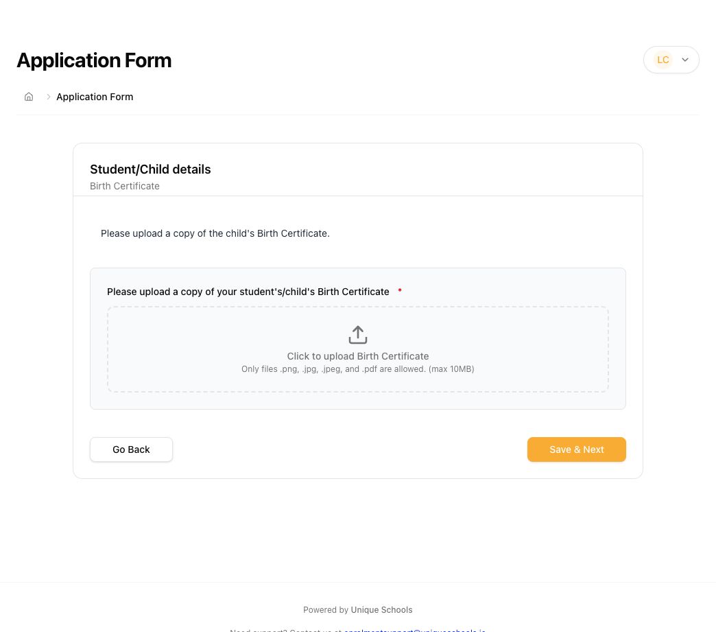 Birth certificate upload page showing accepted file types, maximum 10 MB and Save & Next