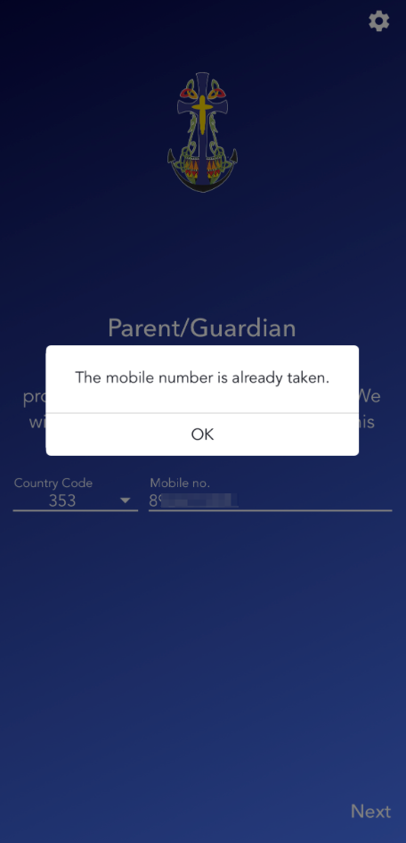 Parent/Guardian registration screen showing The mobile number is already taken.