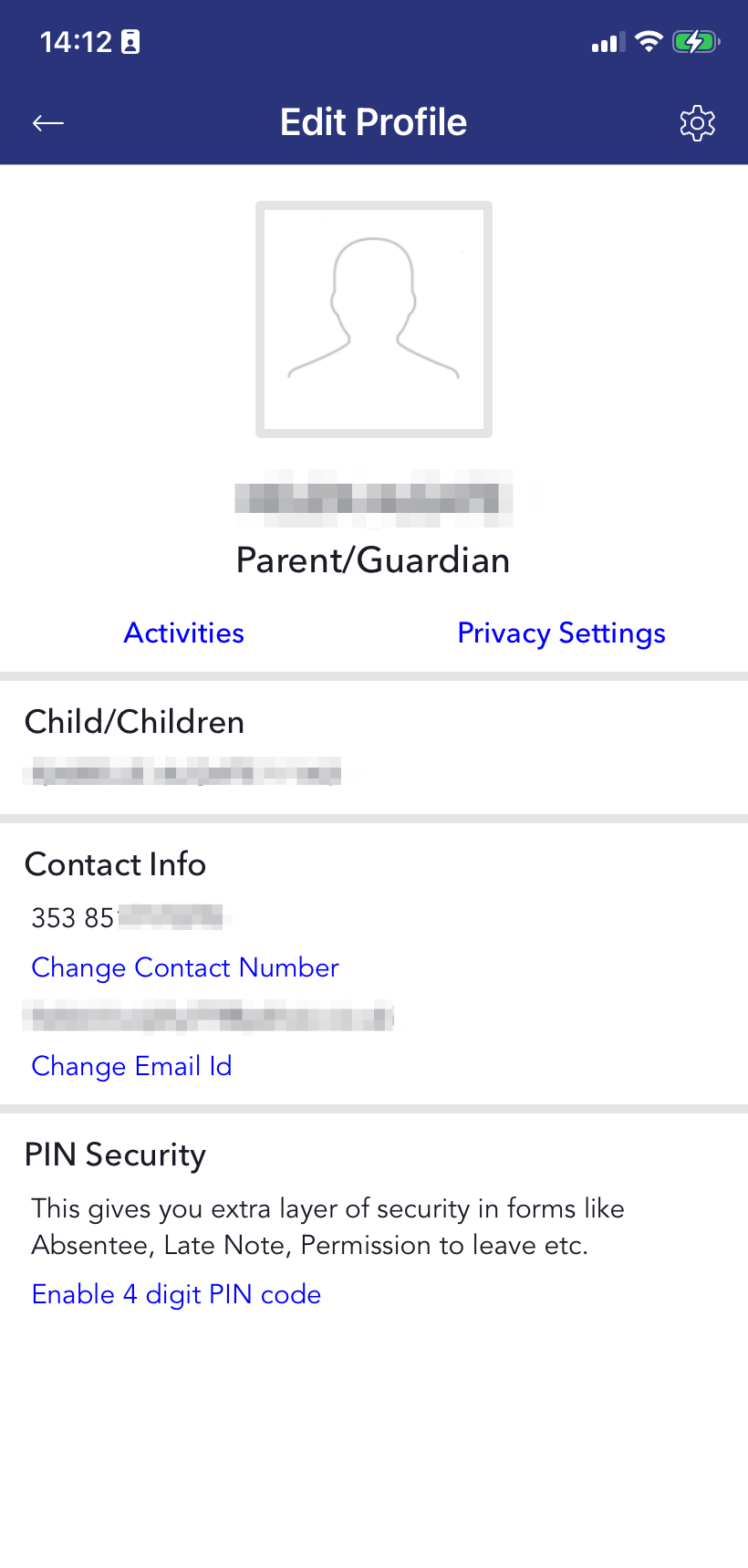 Example Edit Profile screen showing Change Email Id beneath the email address in Contact Info.