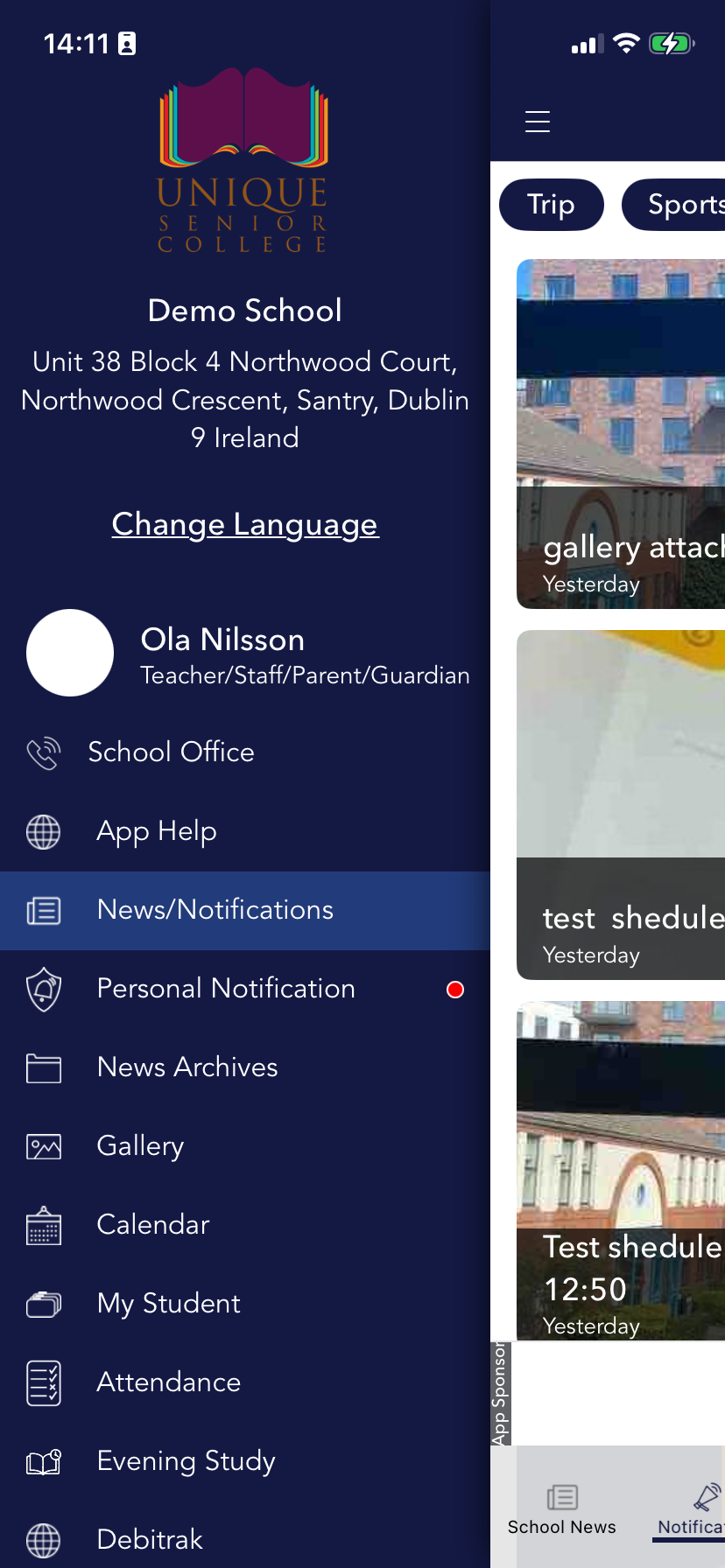 School App side menu: tap your name to open Edit Profile.